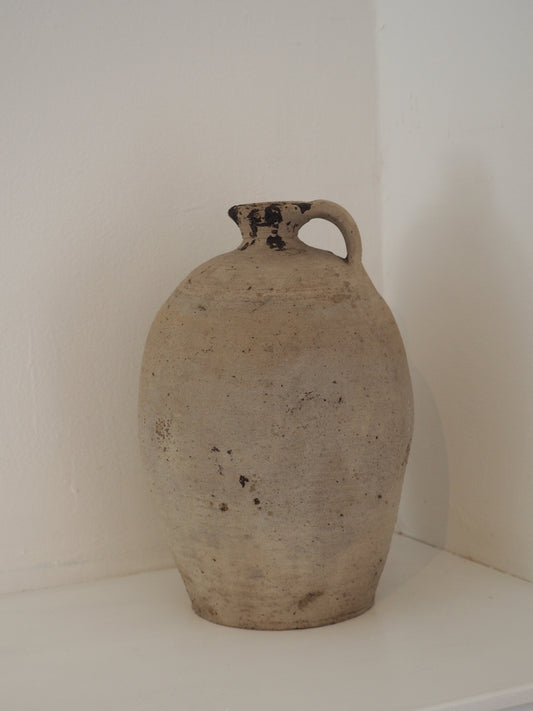 Antique Vintage French Handmade Oil Pot with Handle / Rustic Kitchen Storage Jar