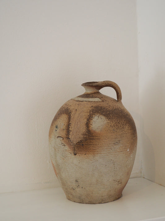 Antique Vintage French Handmade Oil Pot with Handle / Rustic Kitchen Storage Jar