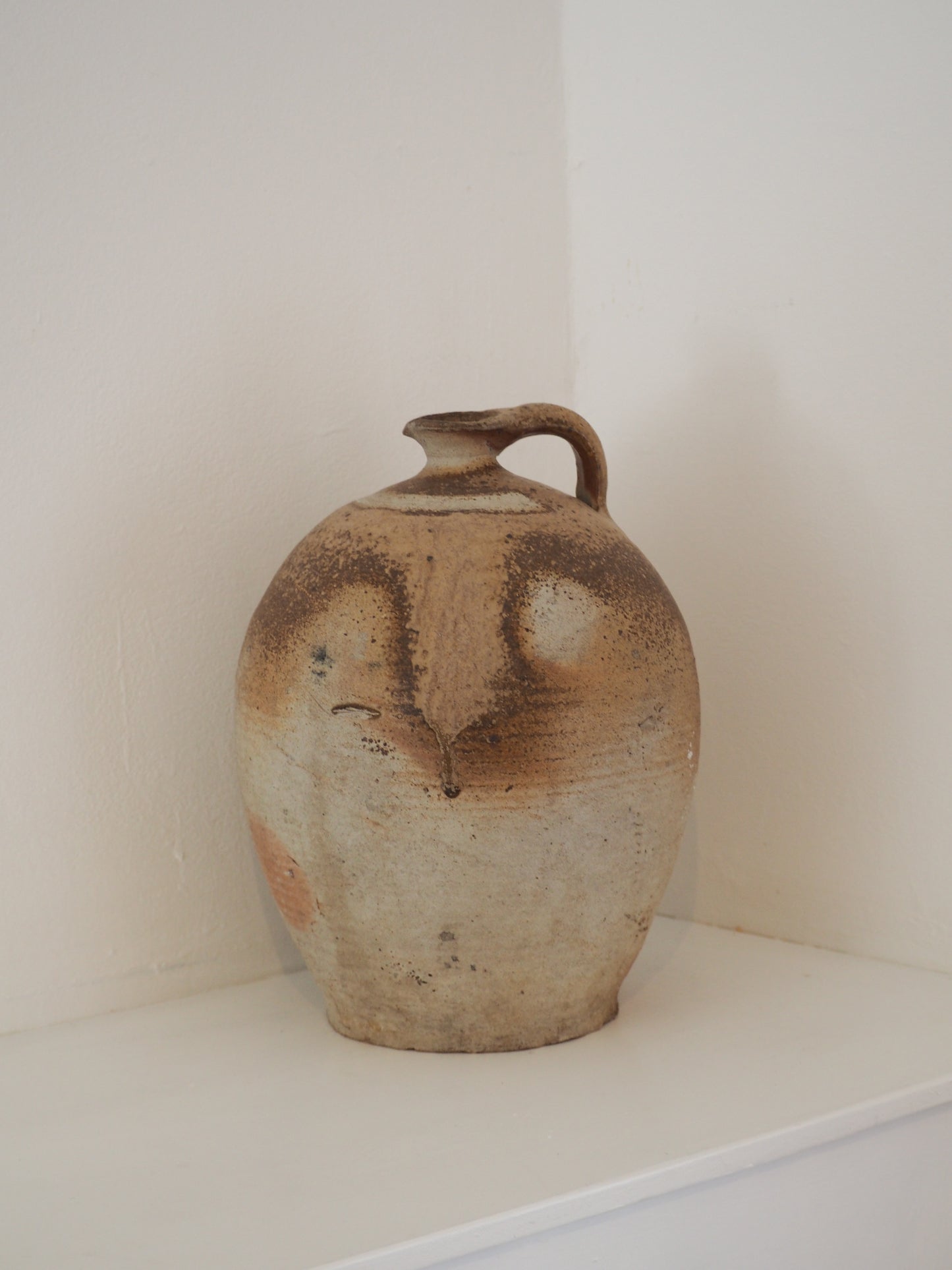 Antique Vintage French Handmade Oil Pot with Handle / Rustic Kitchen Storage Jar