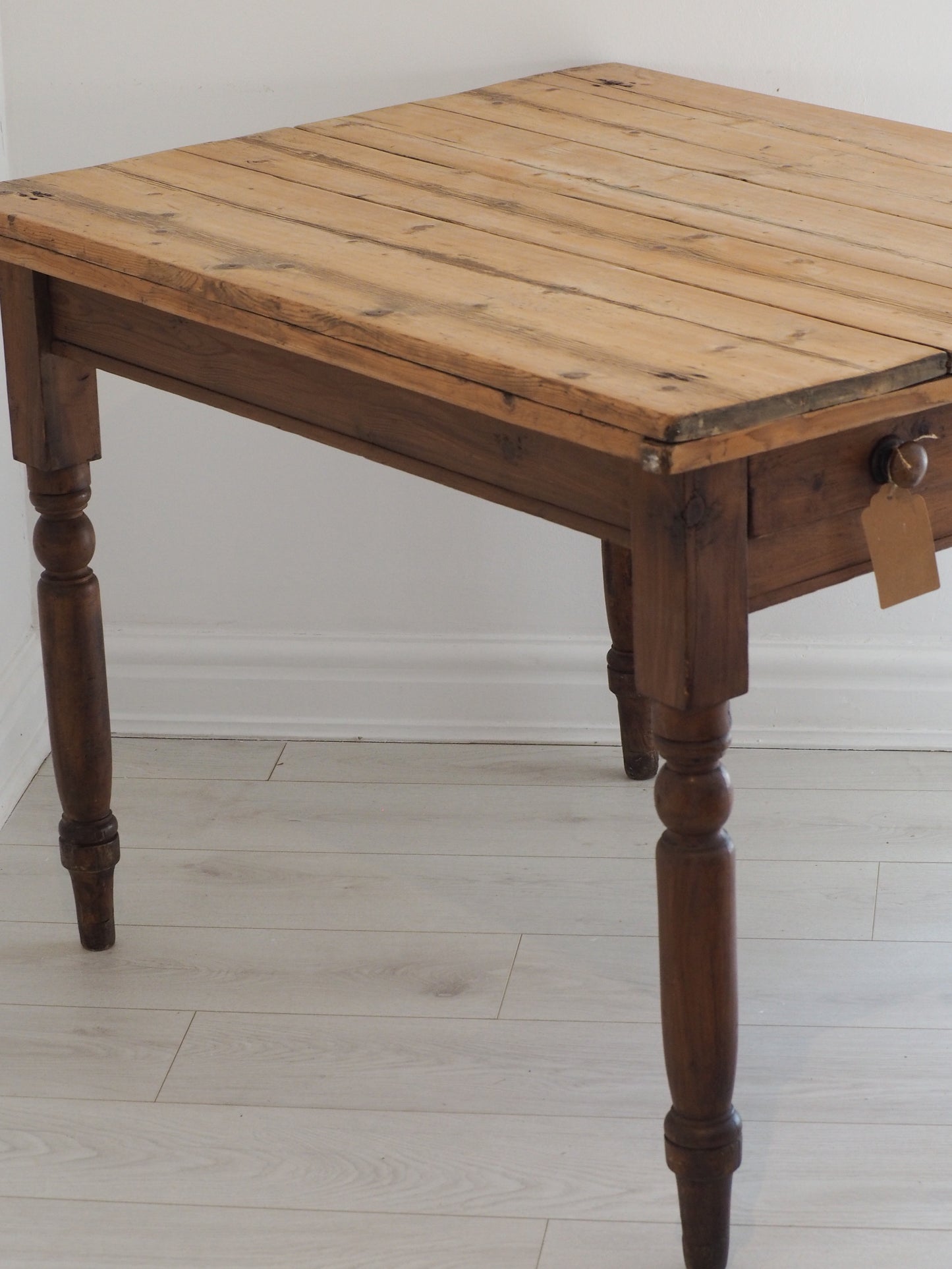 Antique Vintage Edwardian Farmhouse Pitch Pine Dining Table with Single Drawer