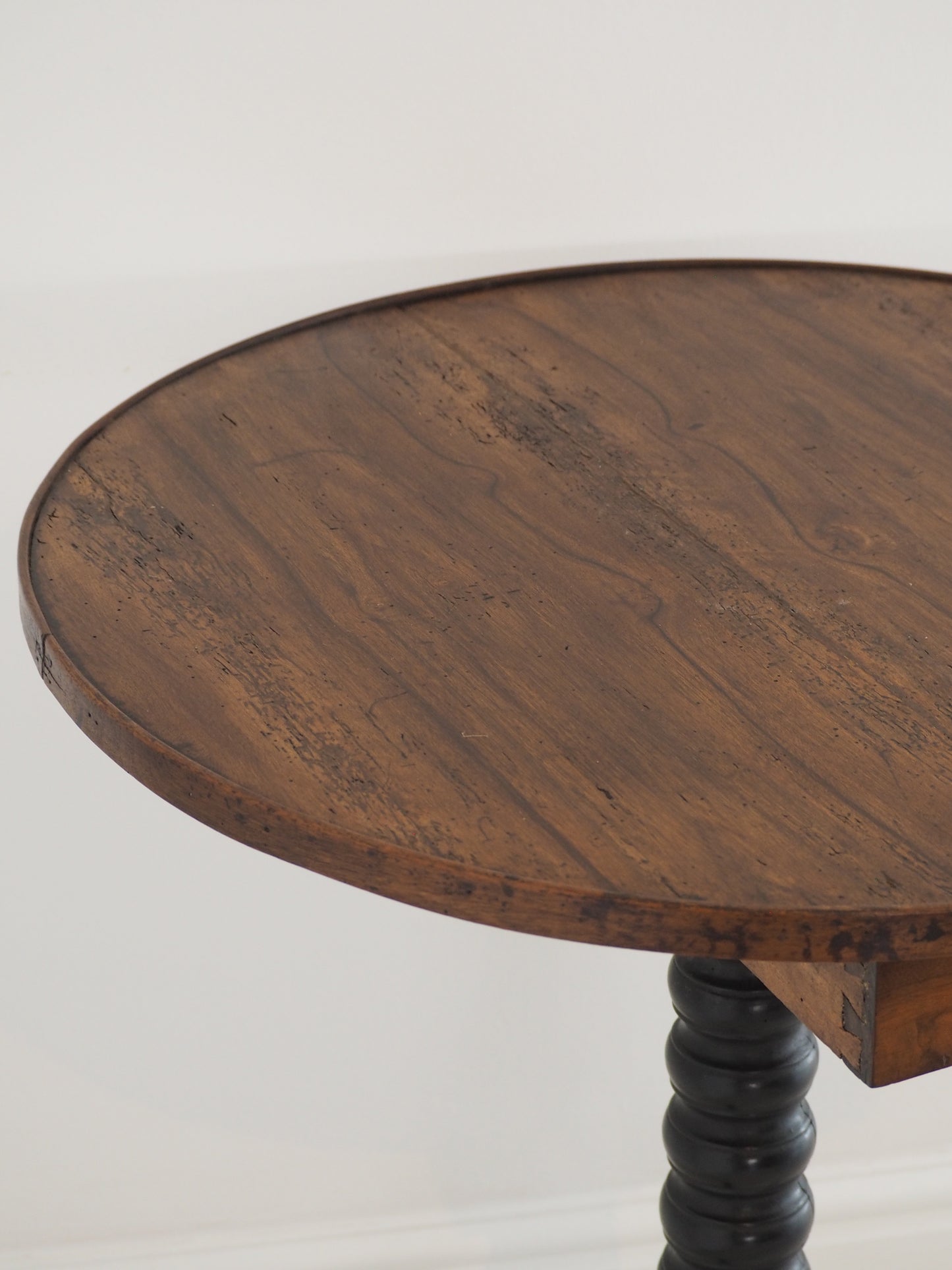 Vintage Antique Victorian Round Wooden Bobbin Table with Single Drawer & Ebonised Base / Furniture