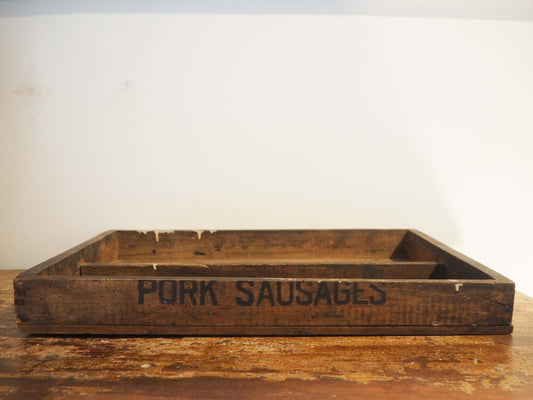 Vintage Antique Rustic Wooden 'Pork Sausages' Storage Box / Kitchen Decor