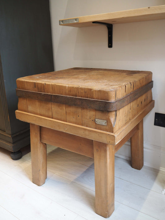 Vintage Antique 20th Century Square Butchers Block on Wooden Stand / Decorative Side Table
