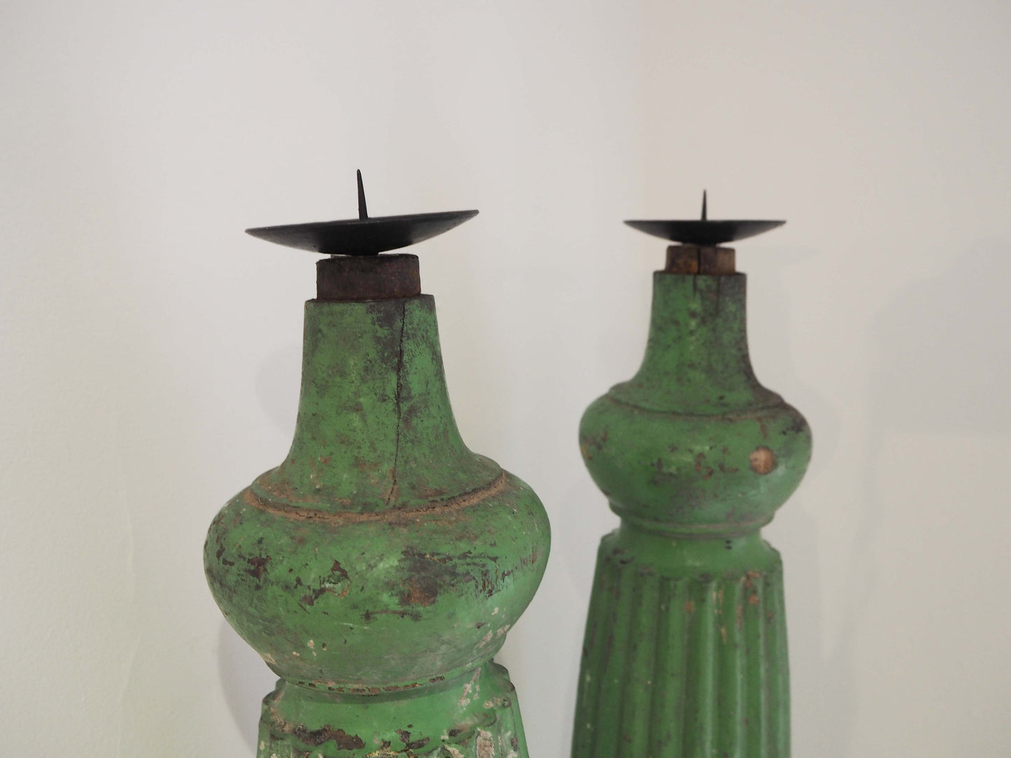 Vintage Pair of Old Green Painted Table Legs Converted to Candlestick Holders (Sold as a Pair)