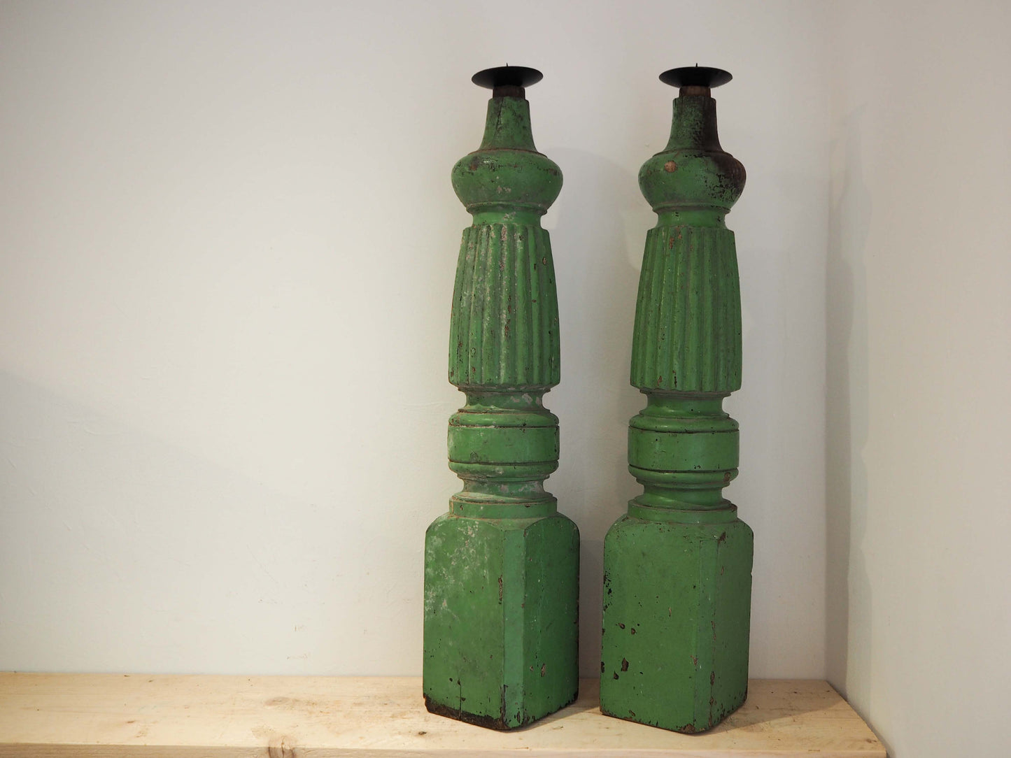 Vintage Pair of Old Green Painted Table Legs Converted to Candlestick Holders (Sold as a Pair)