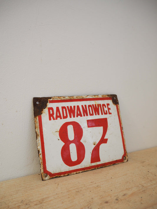 Vintage Antique Polish Metal Enamel Red and White Street Sign / Artwork
