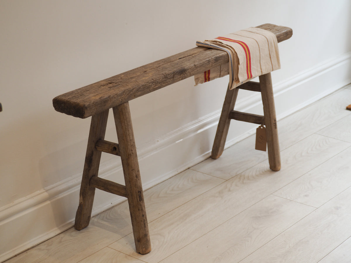 Antique Vintage Rustic Long Wooden Elm Bench / Large Decorative Stool