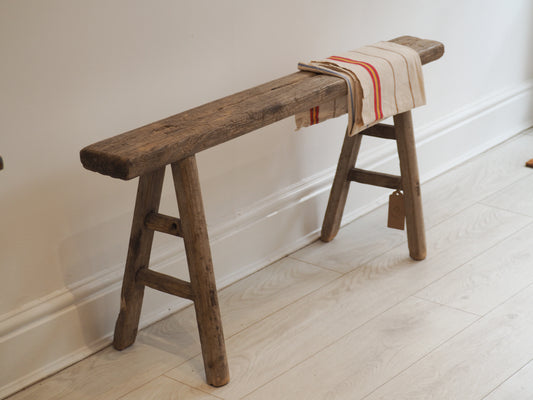 Antique Vintage Rustic Long Wooden Elm Bench / Large Decorative Stool