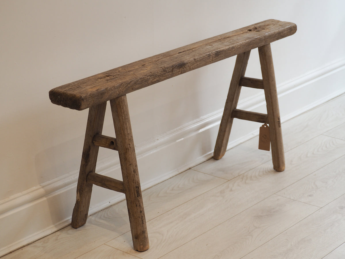 Antique Vintage Rustic Long Wooden Elm Bench / Large Decorative Stool