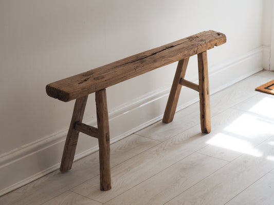 Antique Vintage Rustic Long Wooden Elm Bench / Large Decorative Stool