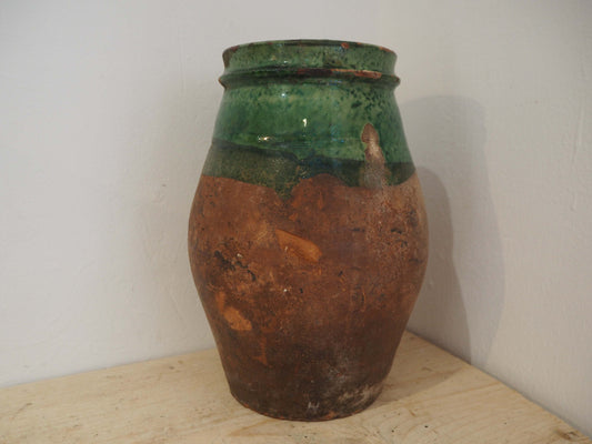 Vintage Antique Terracotta Turkish Green Glazed Handle Pot / Olive Jar / Green Glazed Rim