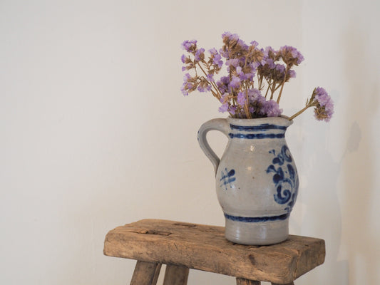 Vintage French Salt-Glazed Blue and White Stoneware Jug / Hand-Painted Pitcher