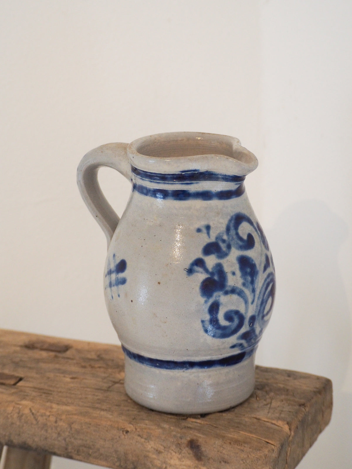 Vintage French Salt-Glazed Blue and White Stoneware Jug / Hand-Painted Pitcher
