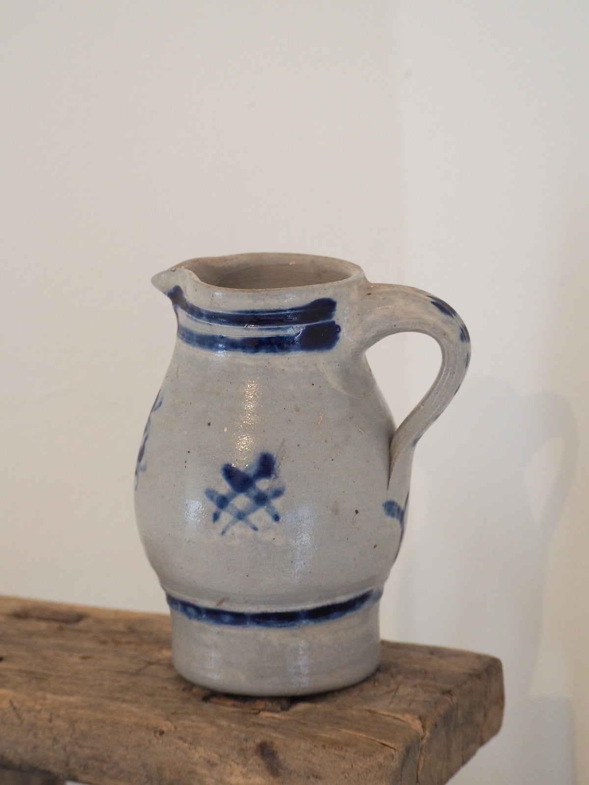 Vintage French Salt-Glazed Blue and White Stoneware Jug / Hand-Painted Pitcher