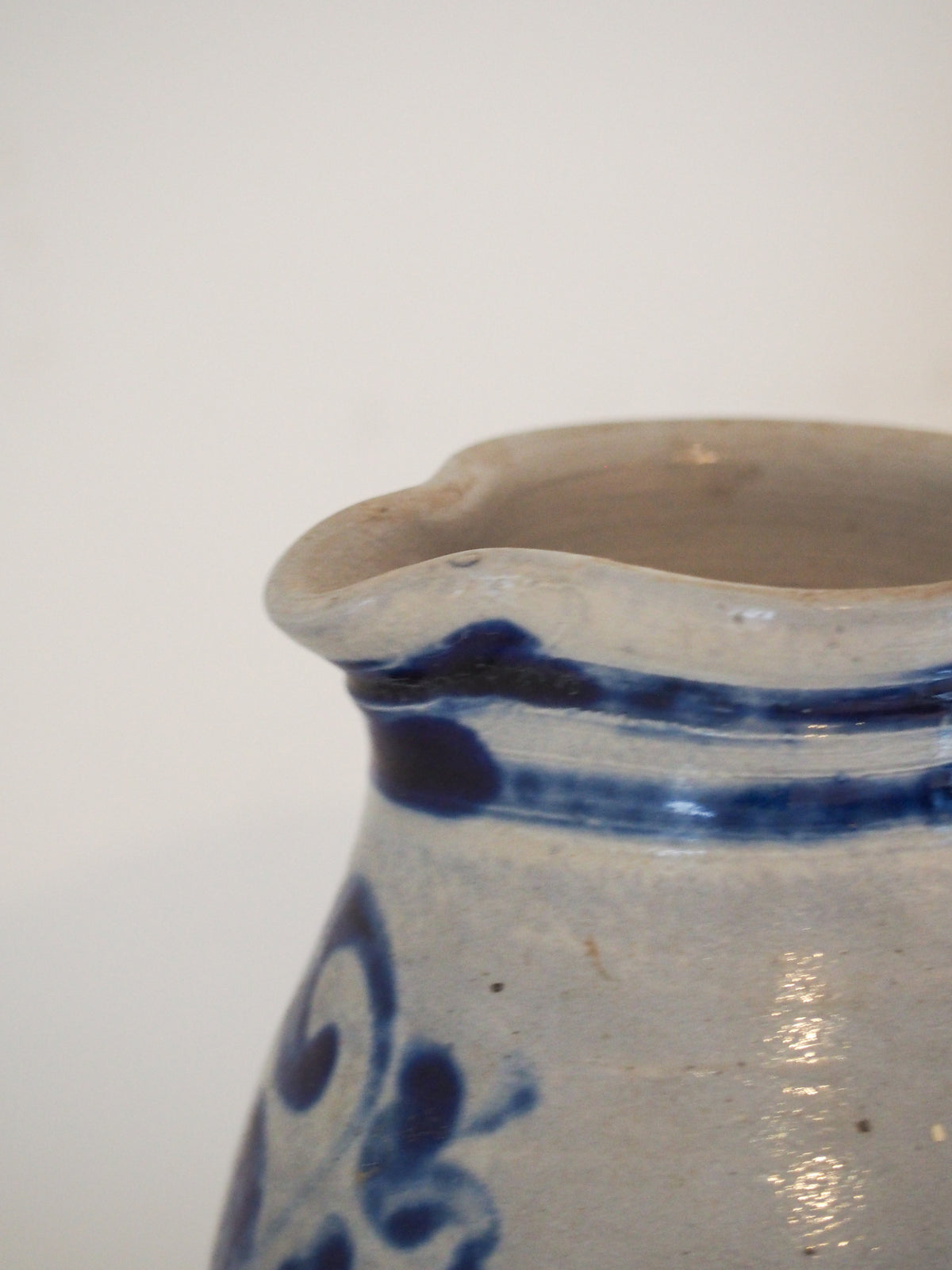 Vintage French Salt-Glazed Blue and White Stoneware Jug / Hand-Painted Pitcher