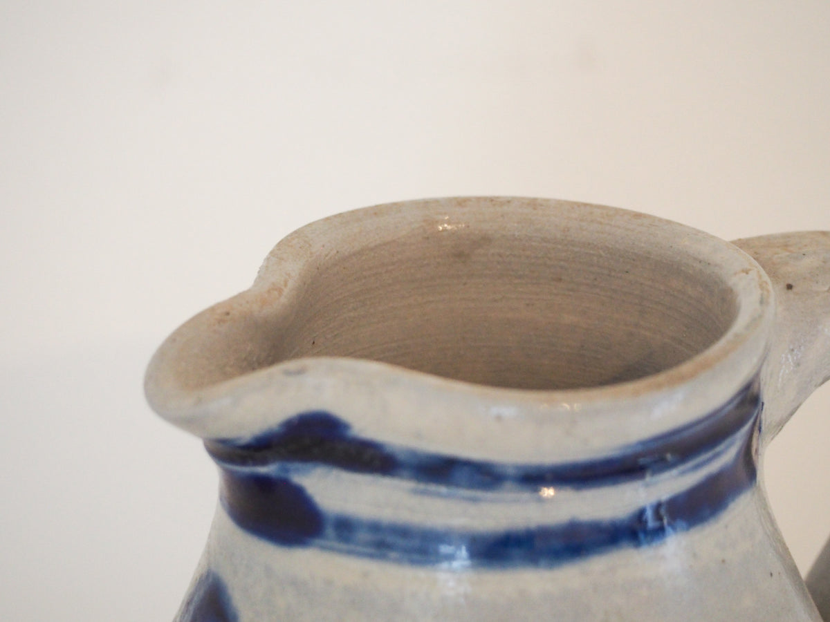 Vintage French Salt-Glazed Blue and White Stoneware Jug / Hand-Painted Pitcher