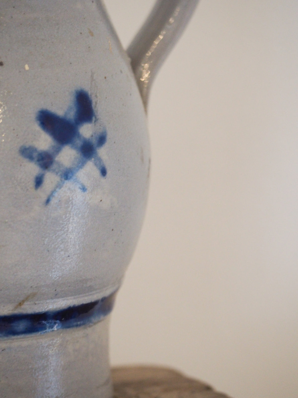Vintage French Salt-Glazed Blue and White Stoneware Jug / Hand-Painted Pitcher