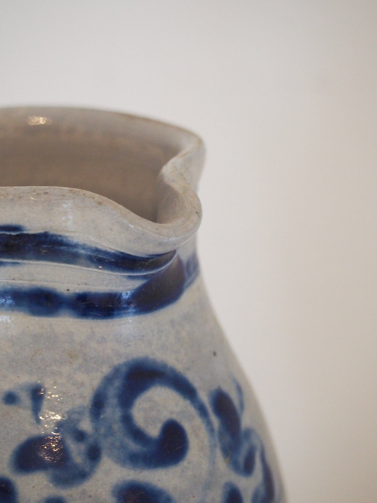 Vintage French Salt-Glazed Blue and White Stoneware Jug / Hand-Painted Pitcher