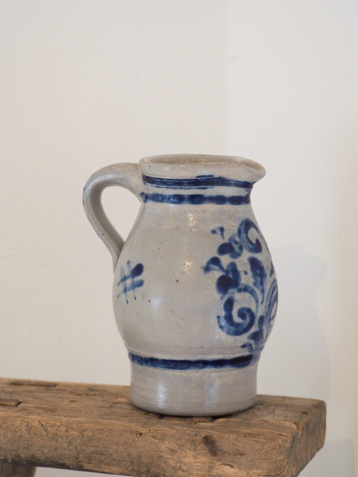 Vintage French Salt-Glazed Blue and White Stoneware Jug / Hand-Painted Pitcher