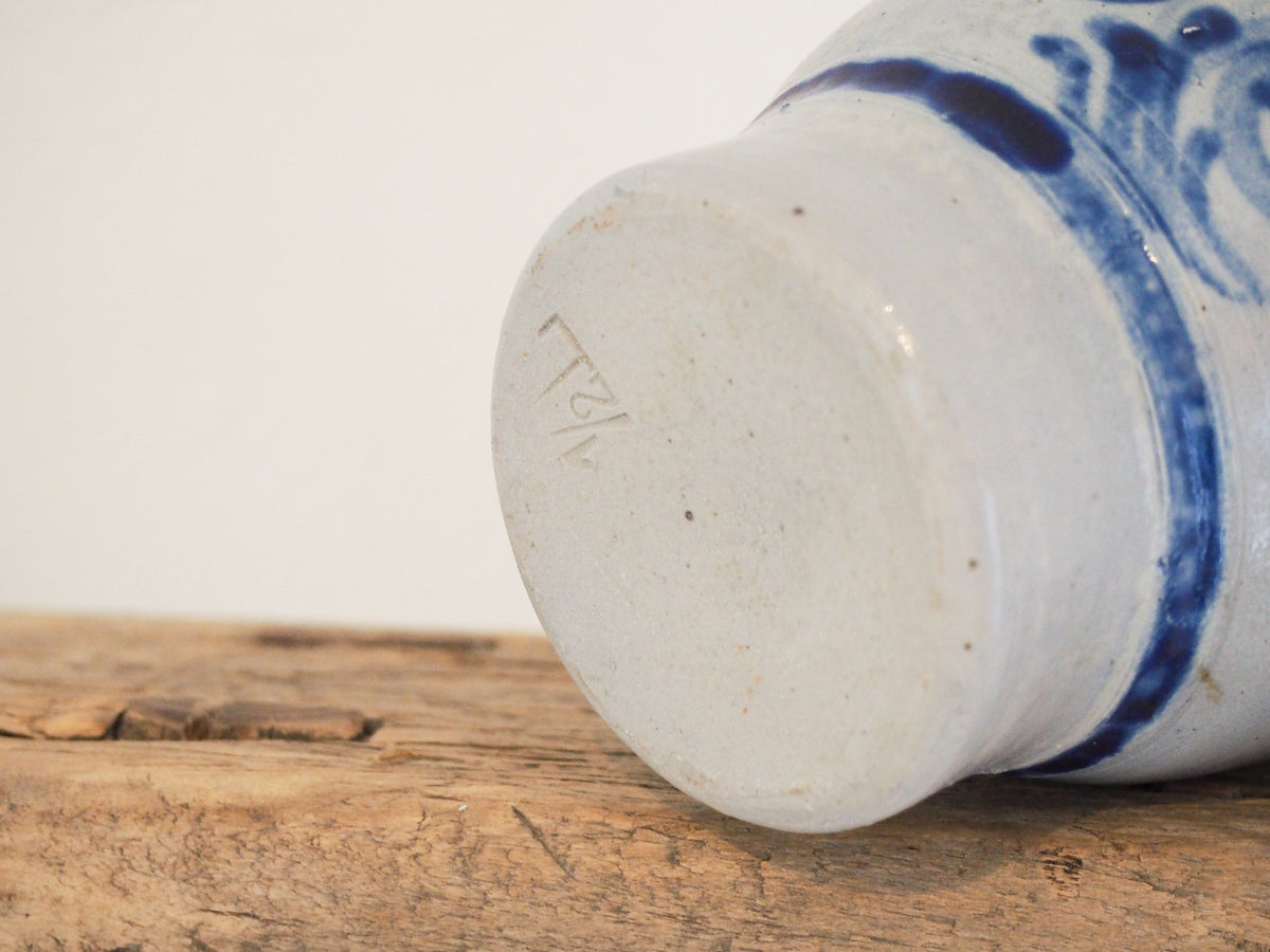Vintage French Salt-Glazed Blue and White Stoneware Jug / Hand-Painted Pitcher