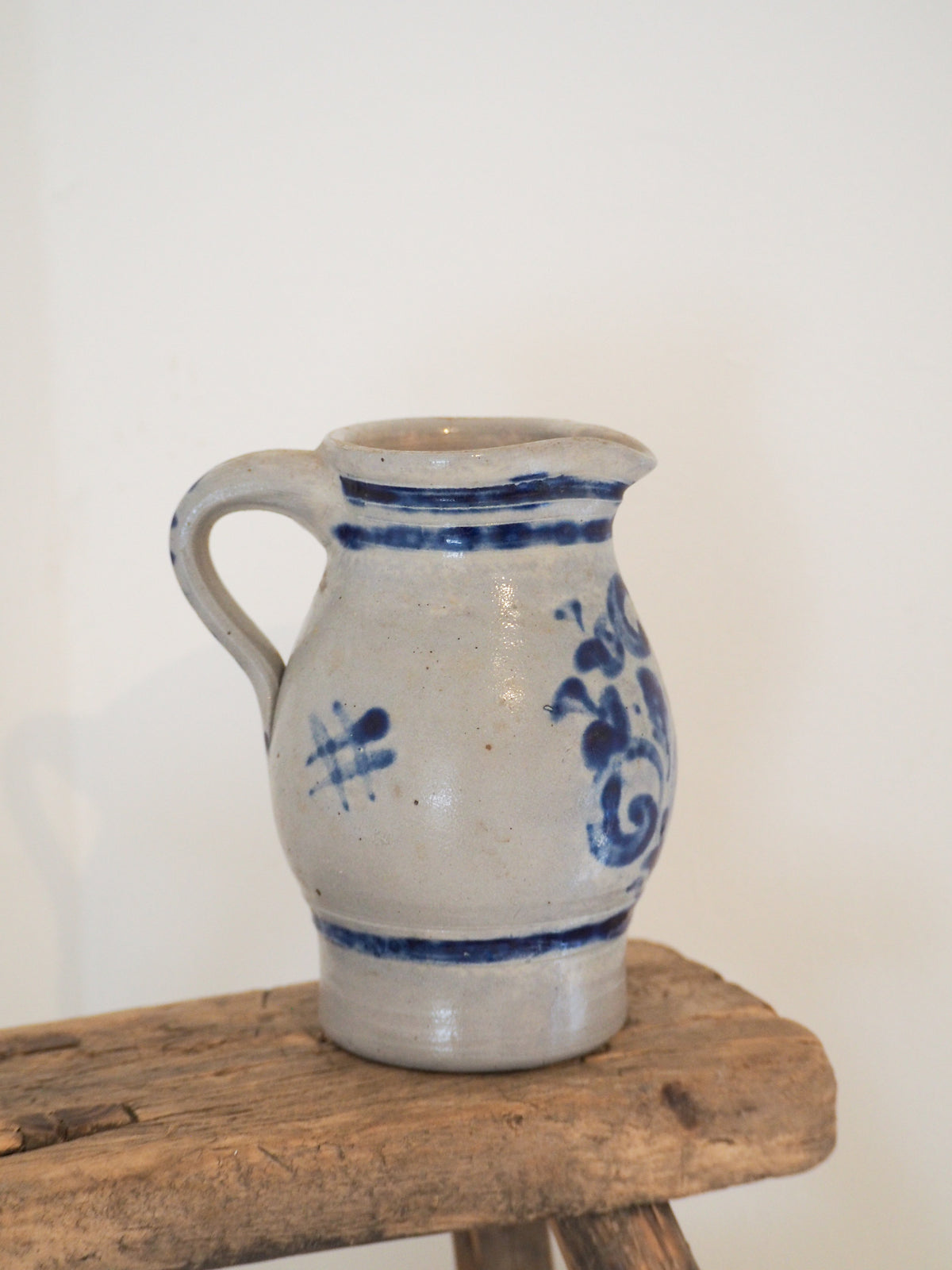 Vintage French Salt-Glazed Blue and White Stoneware Jug / Hand-Painted Pitcher