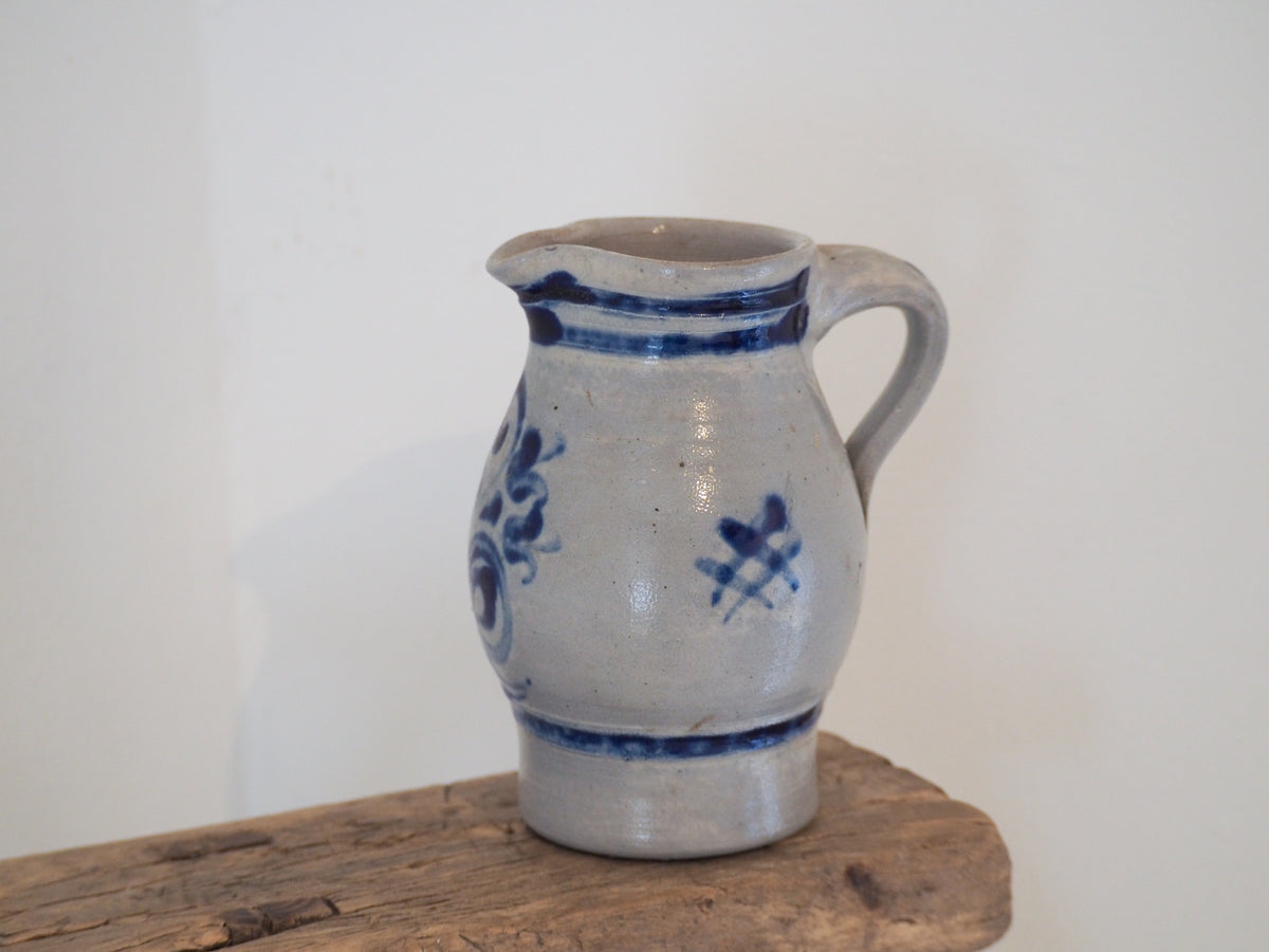 Vintage French Salt-Glazed Blue and White Stoneware Jug / Hand-Painted Pitcher