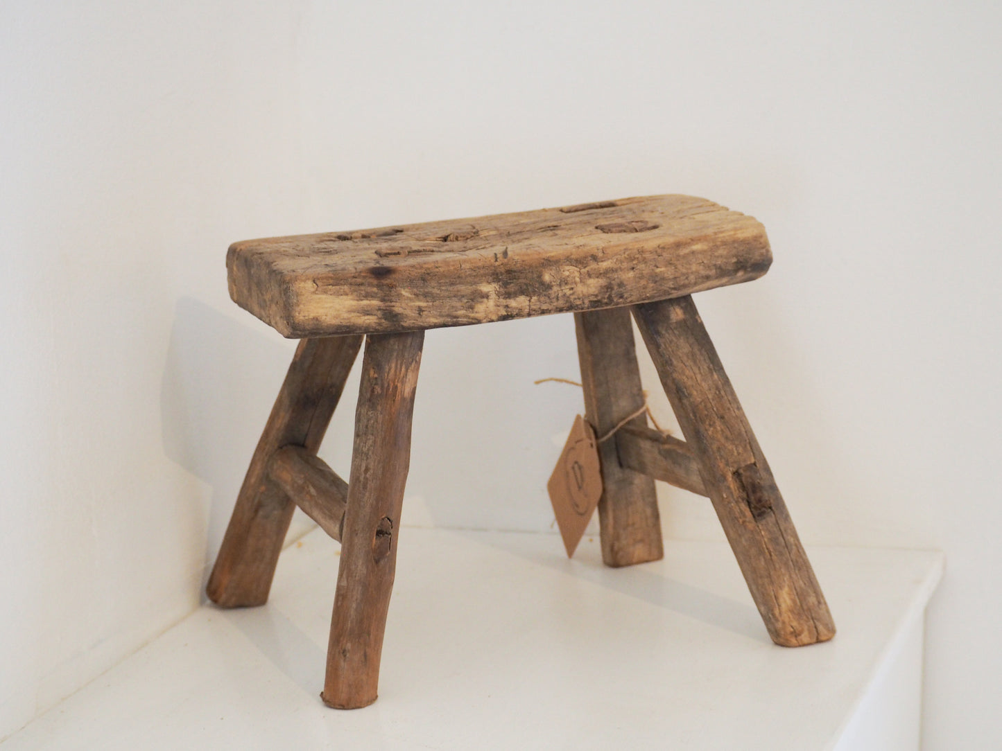 Antique Vintage Small Elm Rustic Wooden Farmhouse Stool / Milking Stool