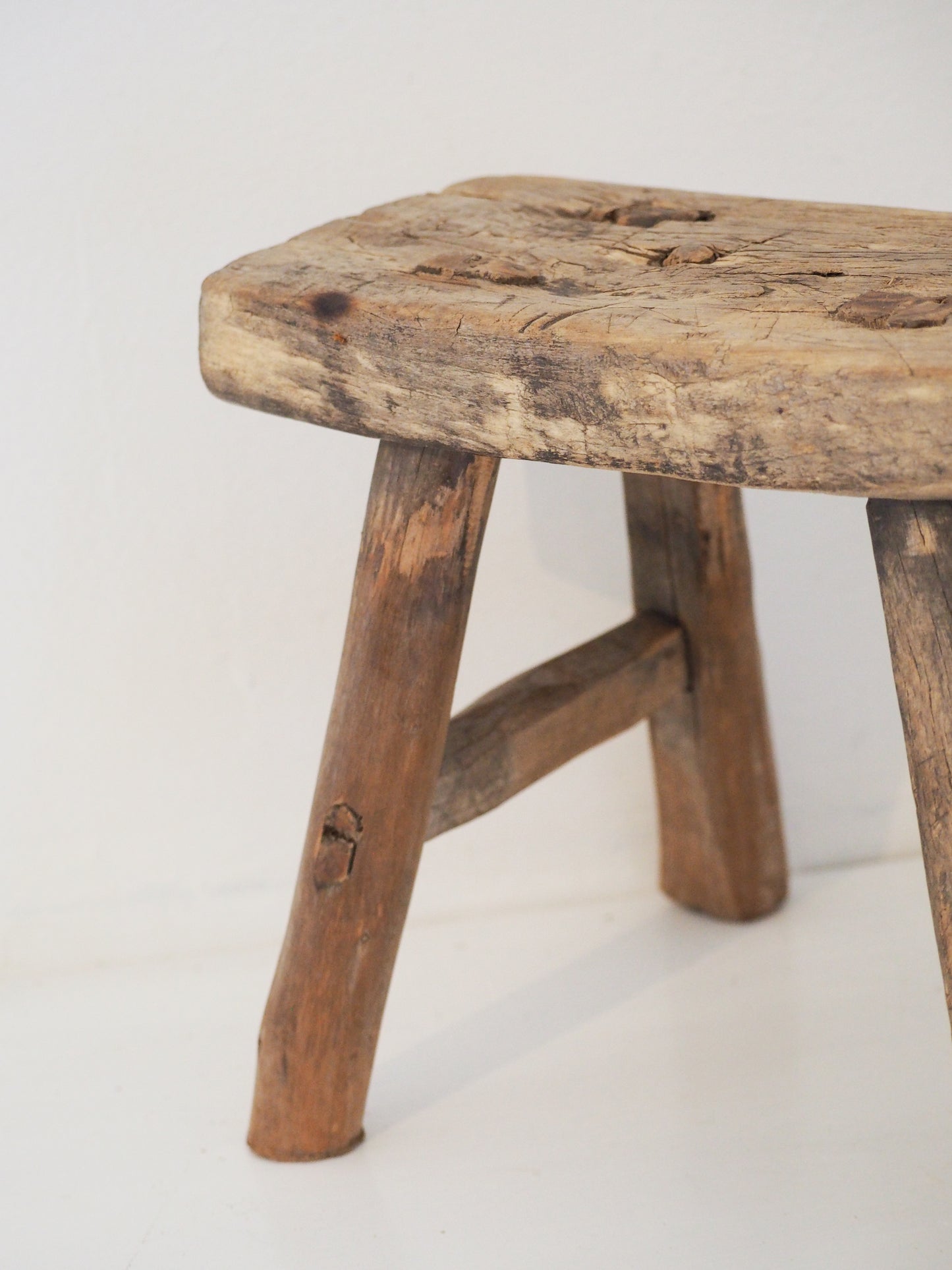 Antique Vintage Small Elm Rustic Wooden Farmhouse Stool / Milking Stool