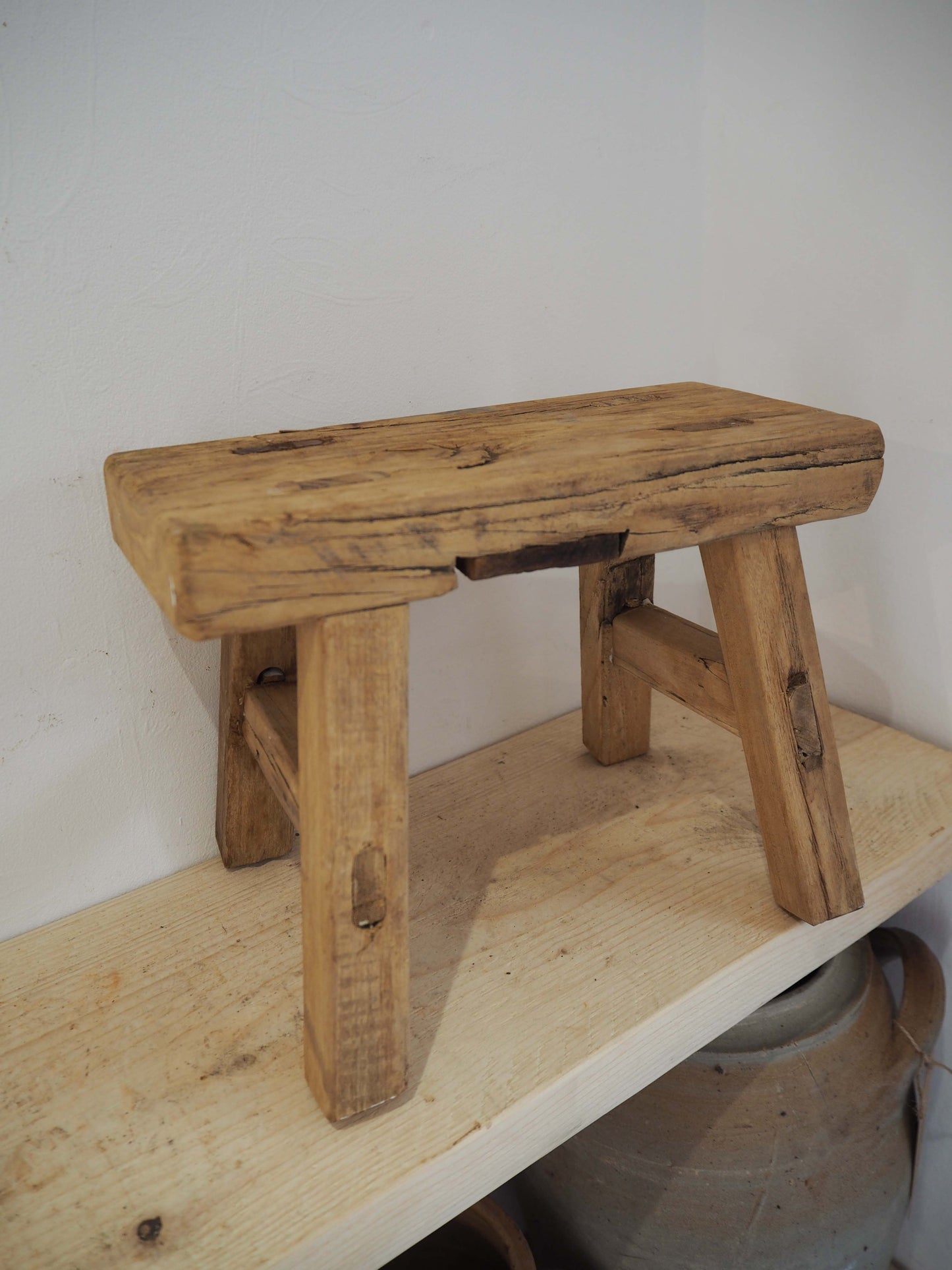 Antique Vintage Small Elm Rustic Wooden Farmhouse Stool / Milking Stool