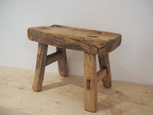Antique Vintage Small Elm Rustic Wooden Farmhouse Stool / Milking Stool