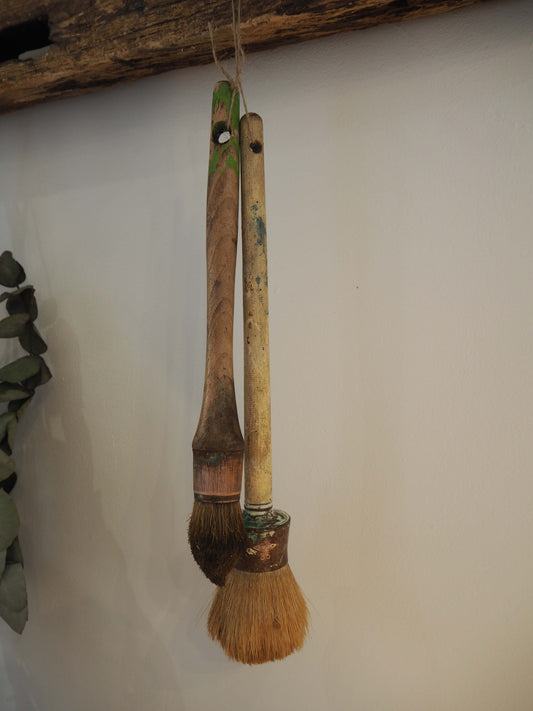 Pair of Vintage French Decorators Paint Brushes / Wooden & Copper Handle