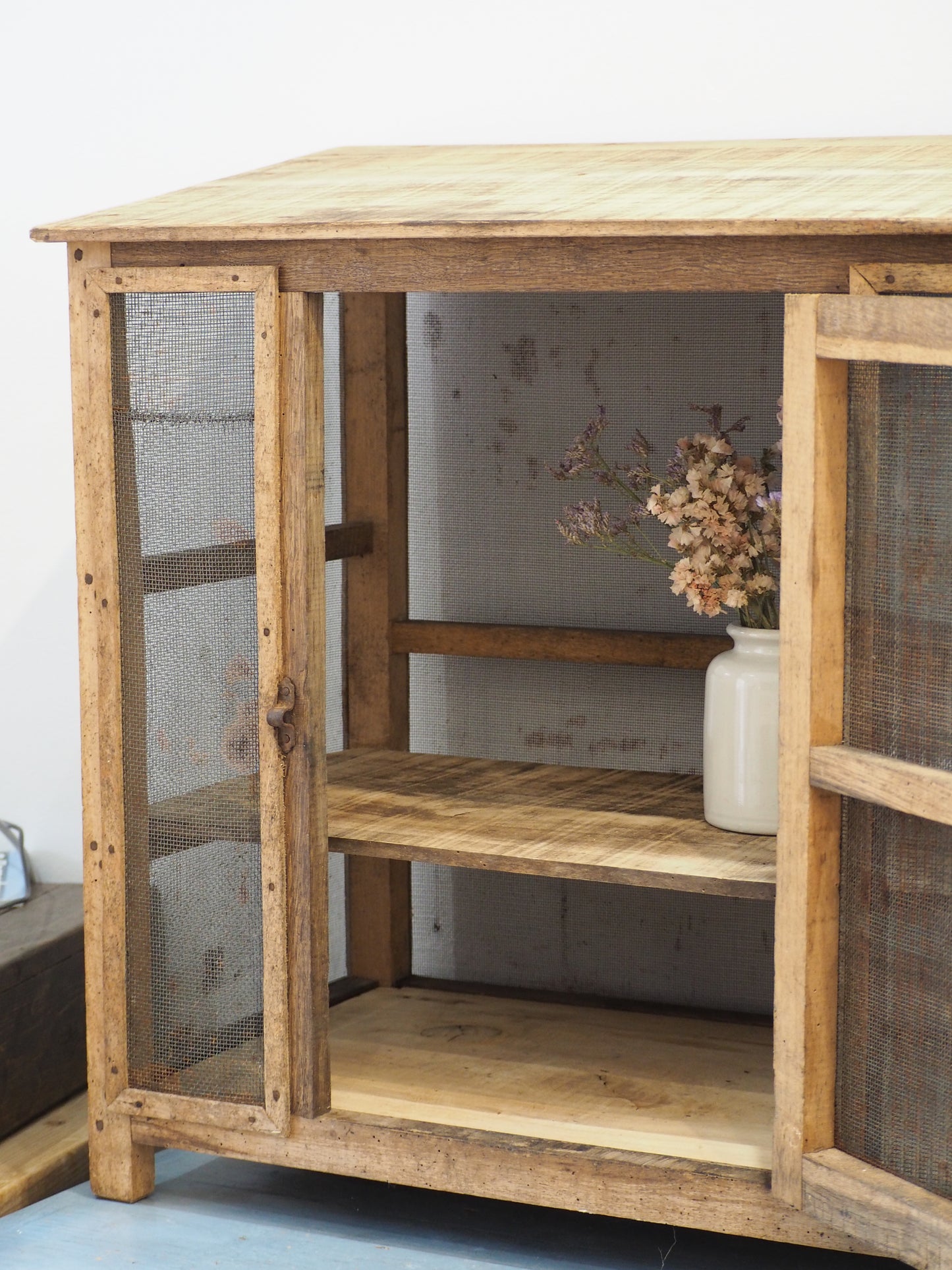 Vintage French Pine Wooden and Mesh Cheese or Meat Safe with Latch / Food Store