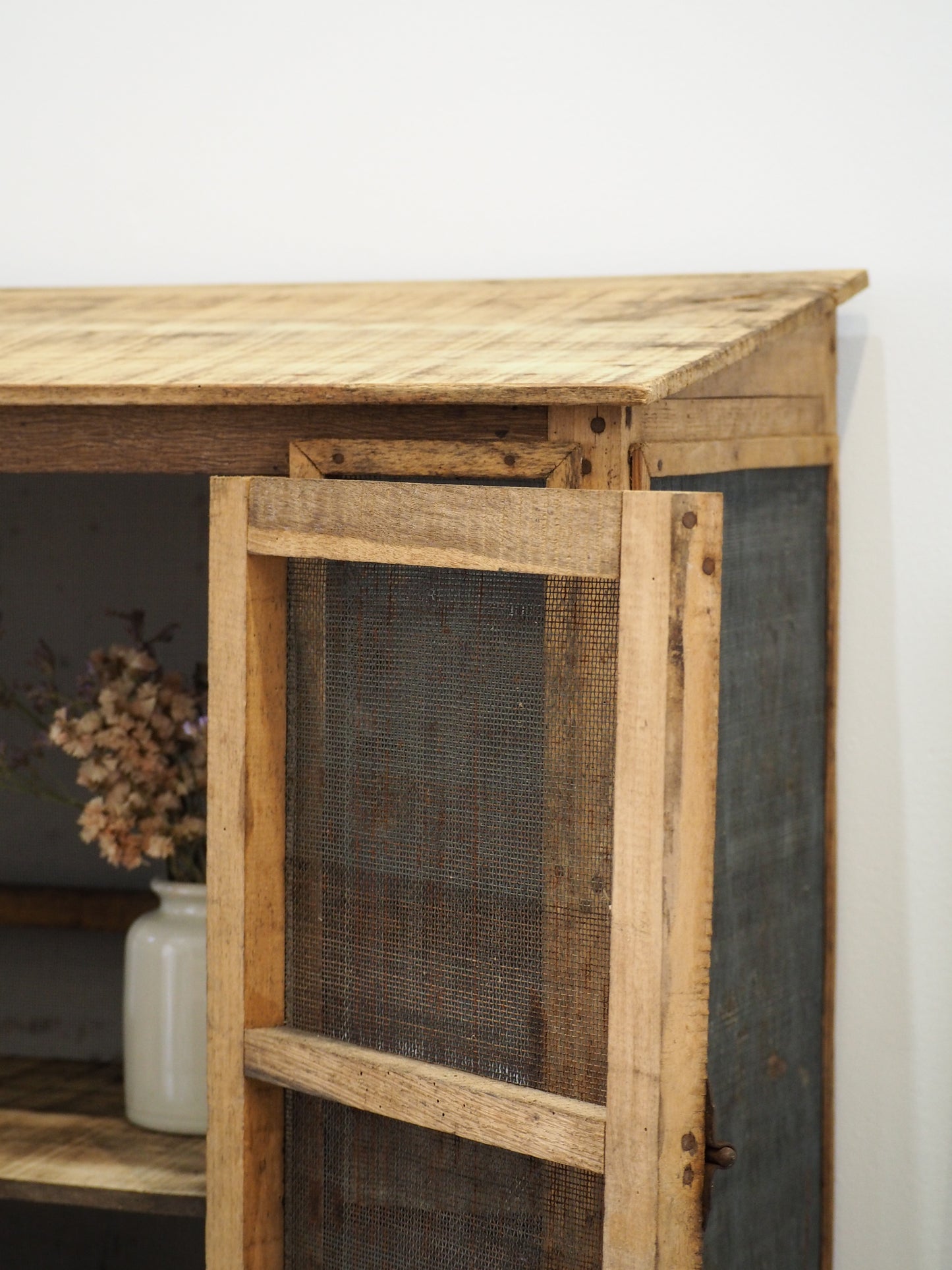 Vintage French Pine Wooden and Mesh Cheese or Meat Safe with Latch / Food Store