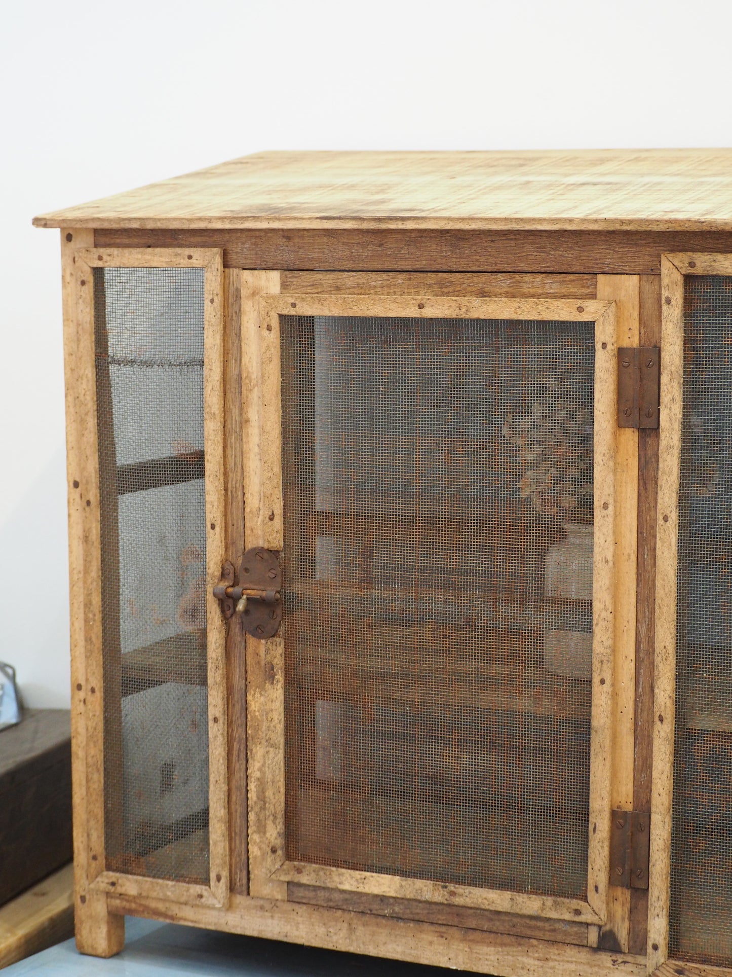 Vintage French Pine Wooden and Mesh Cheese or Meat Safe with Latch / Food Store