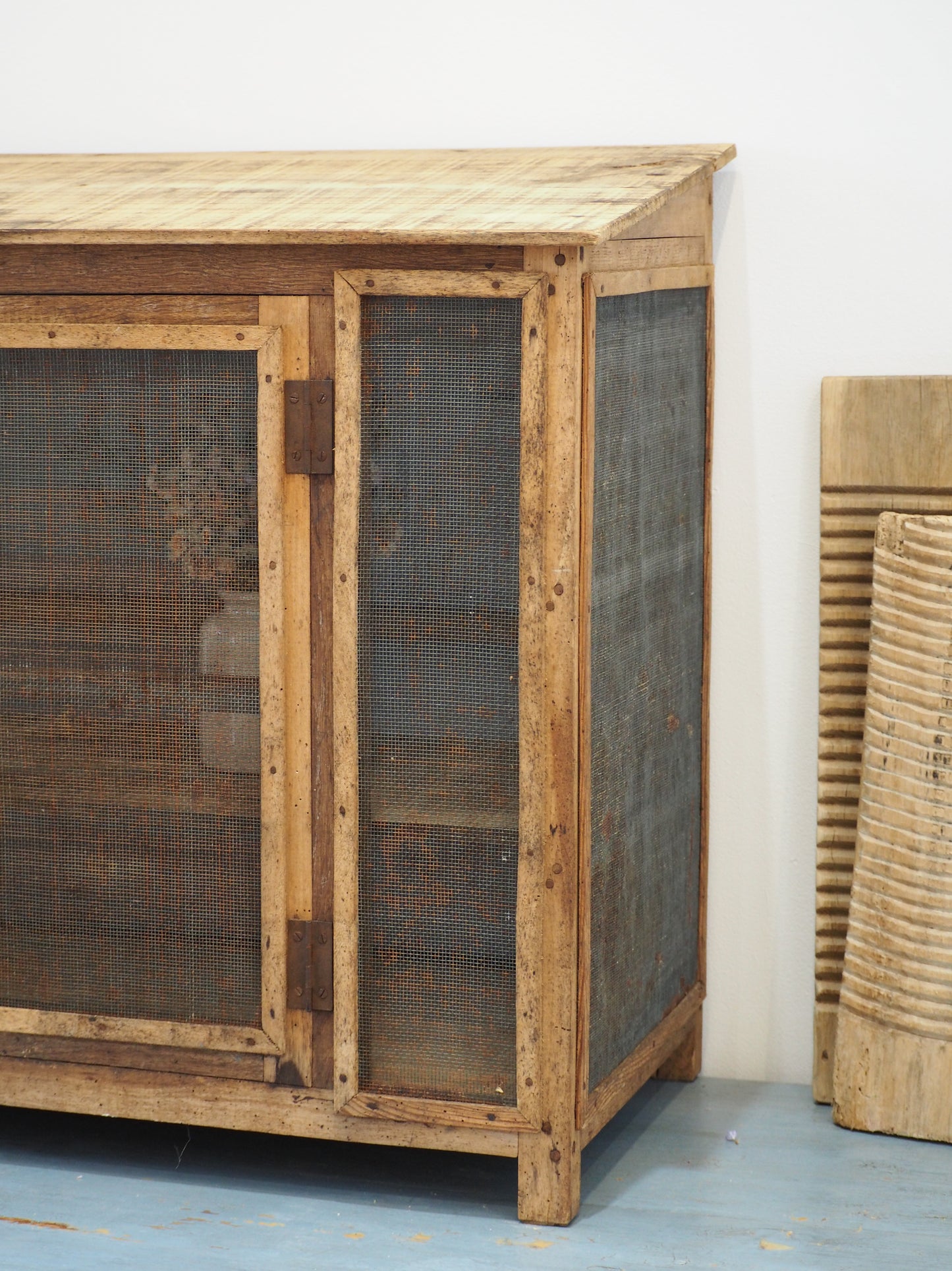 Vintage French Pine Wooden and Mesh Cheese or Meat Safe with Latch / Food Store