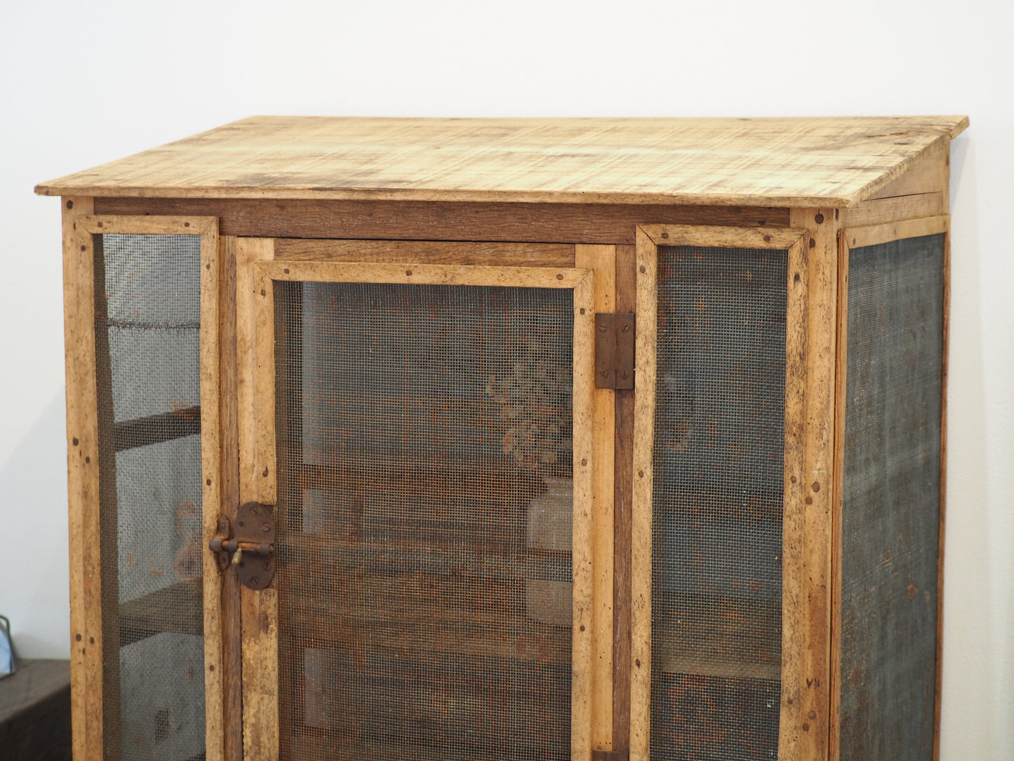 Vintage French Pine Wooden and Mesh Cheese or Meat Safe with Latch / Food Store