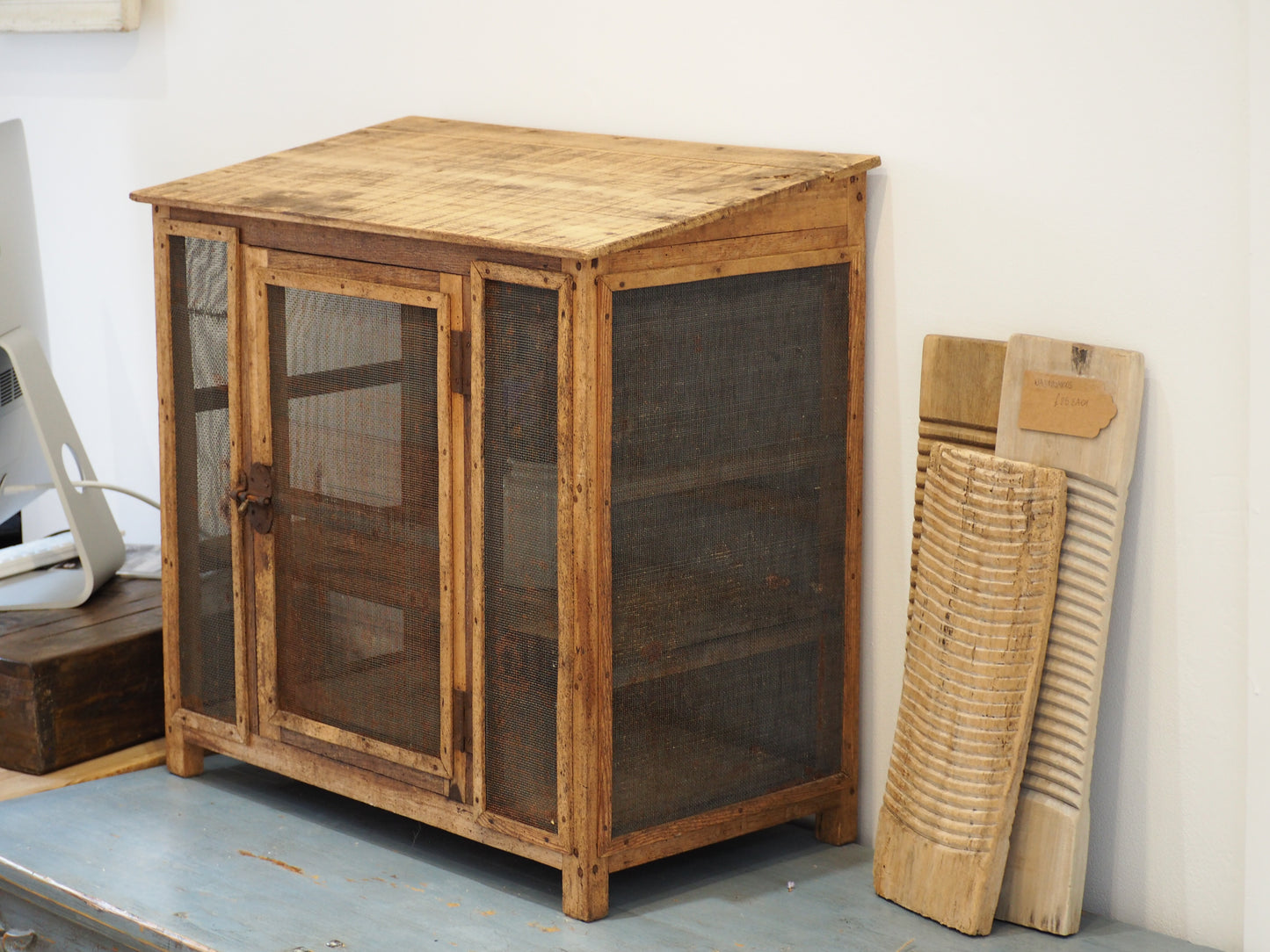 Vintage French Pine Wooden and Mesh Cheese or Meat Safe with Latch / Food Store