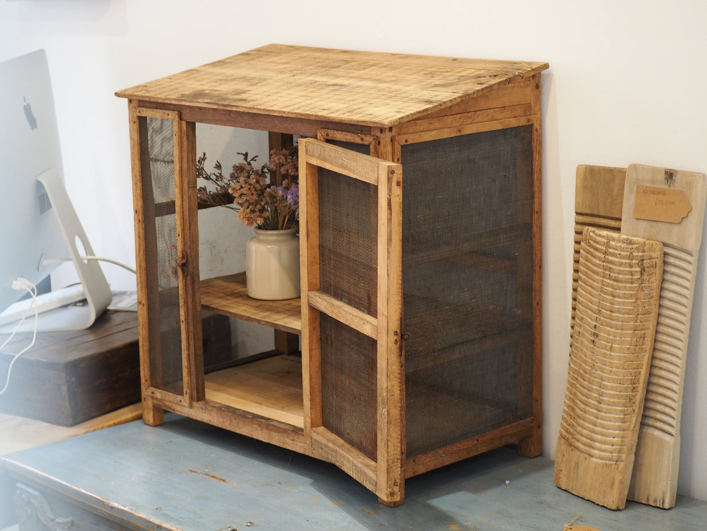Vintage French Pine Wooden and Mesh Cheese or Meat Safe with Latch / Food Store