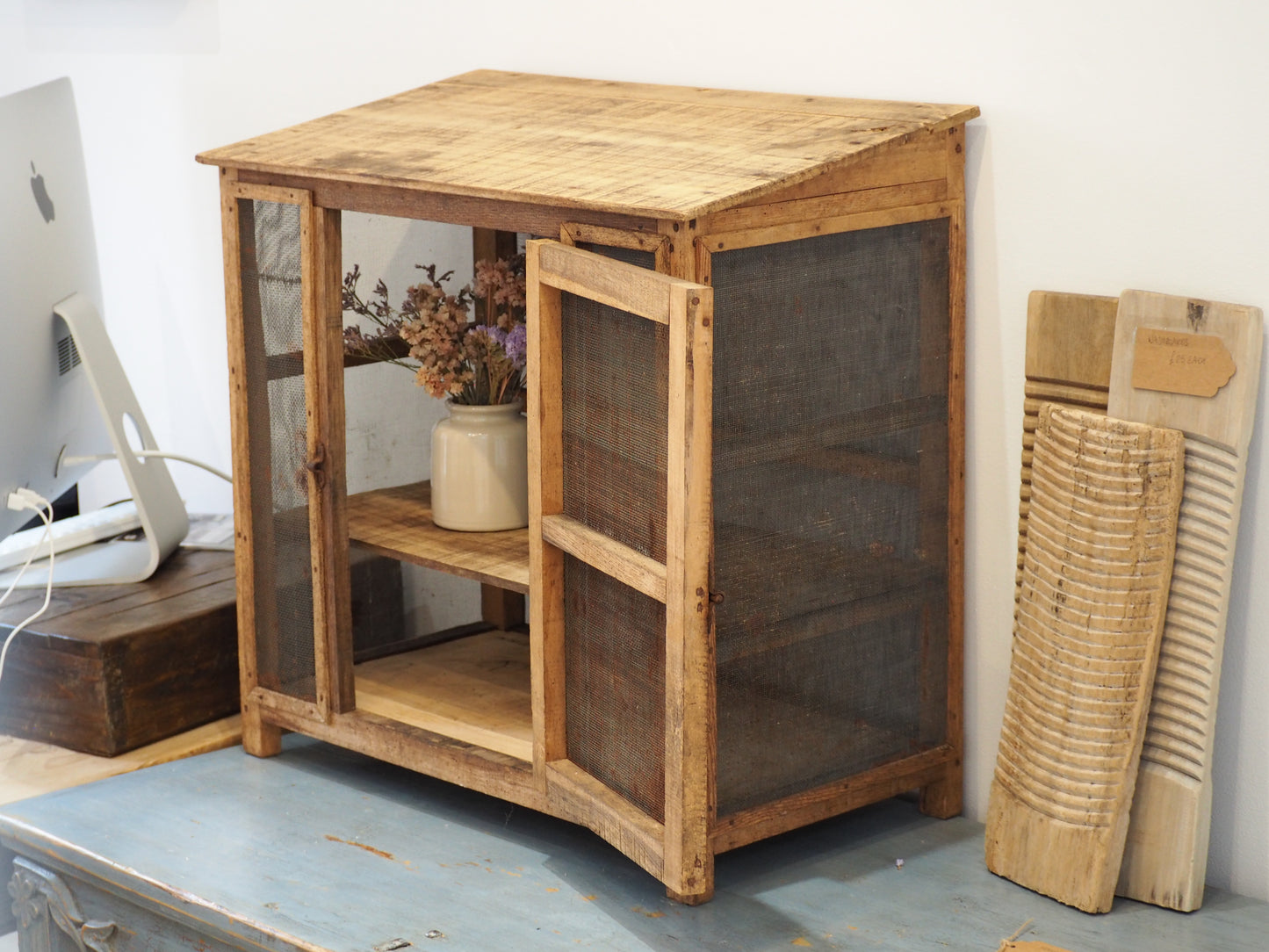 Vintage French Pine Wooden and Mesh Cheese or Meat Safe with Latch / Food Store
