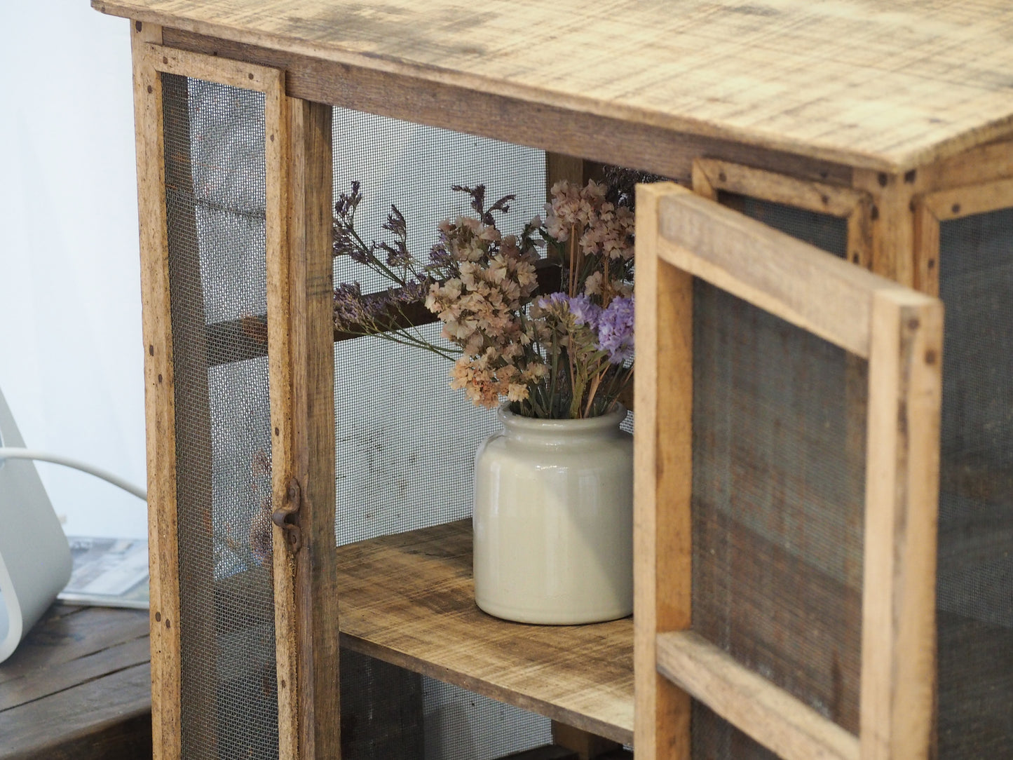 Vintage French Pine Wooden and Mesh Cheese or Meat Safe with Latch / Food Store