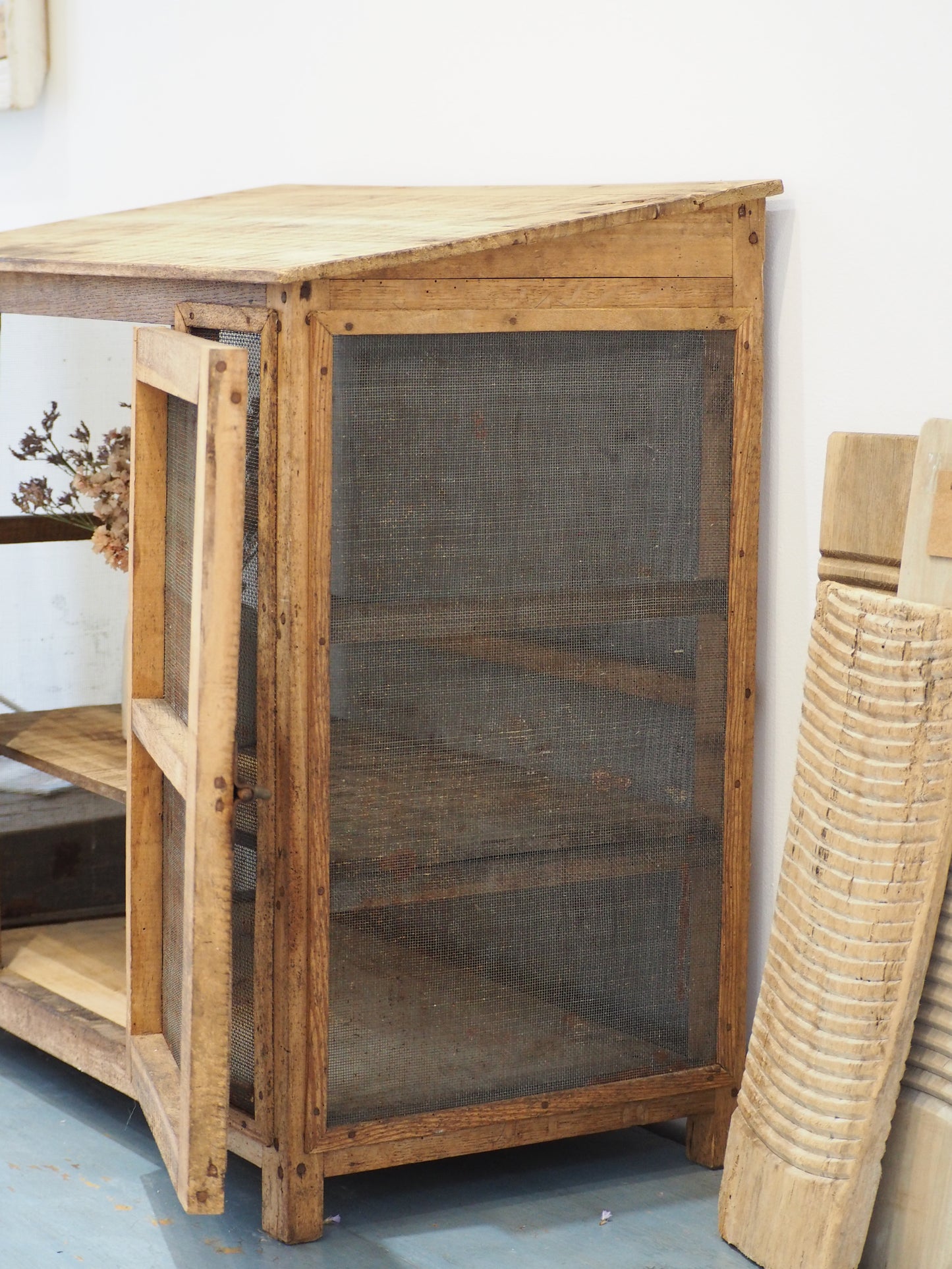 Vintage French Pine Wooden and Mesh Cheese or Meat Safe with Latch / Food Store