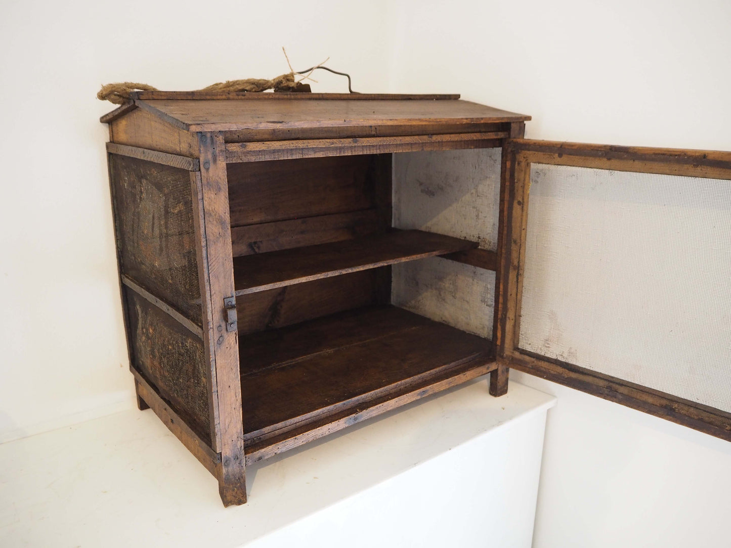 Vintage French Scratch Built Wooden and Mesh Meat Safe with Handle / Food Store