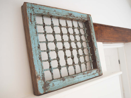 Antique Rustic Blue Distressed Wooden Indian Window / Artwork