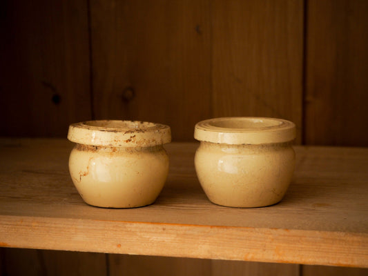 Pair of Vintage / Antique Rustic French Small Yellow Confit Pots / Kitchen Storage Jar