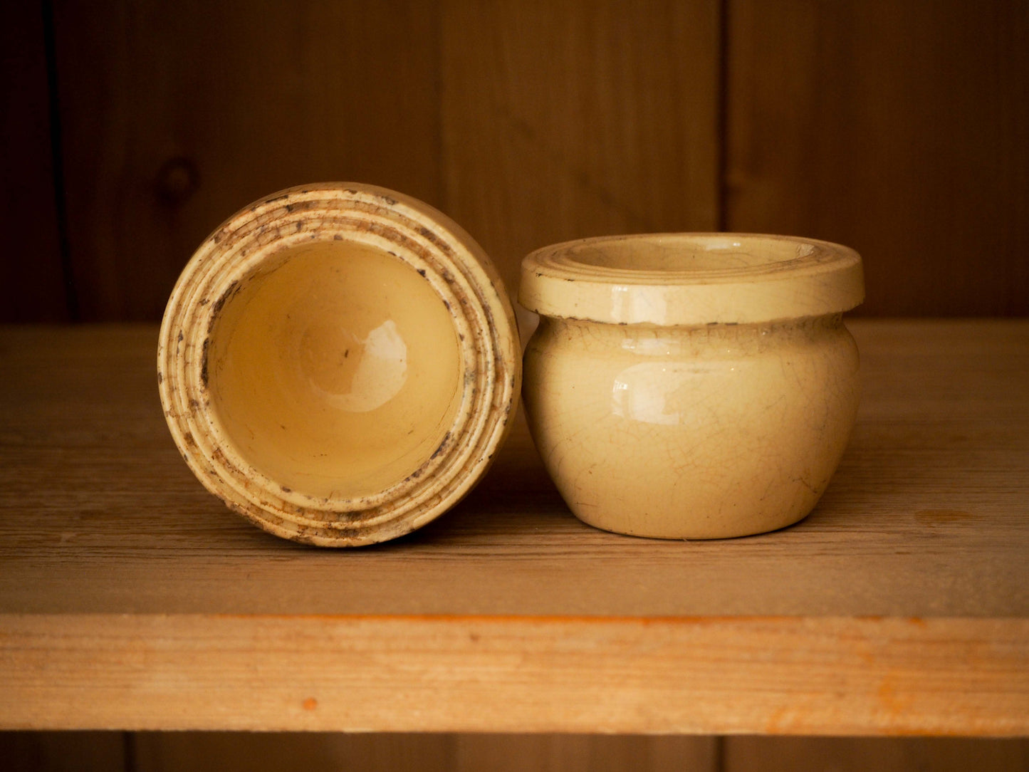 Pair of Vintage / Antique Rustic French Small Yellow Confit Pots / Kitchen Storage Jar