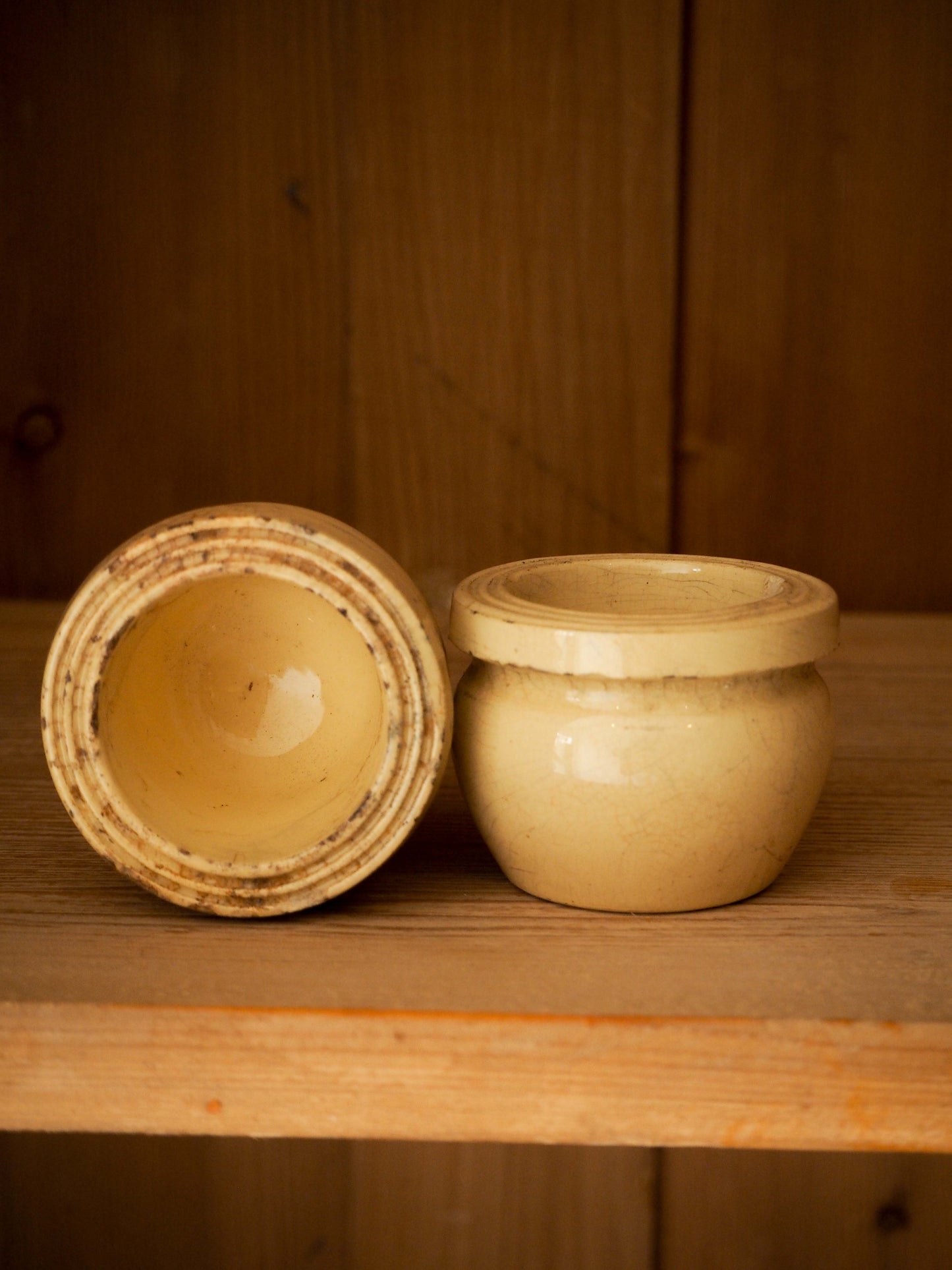 Pair of Vintage / Antique Rustic French Small Yellow Confit Pots / Kitchen Storage Jar
