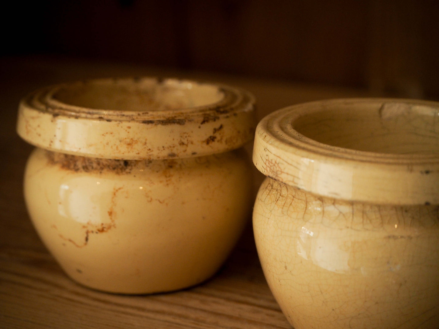Pair of Vintage / Antique Rustic French Small Yellow Confit Pots / Kitchen Storage Jar