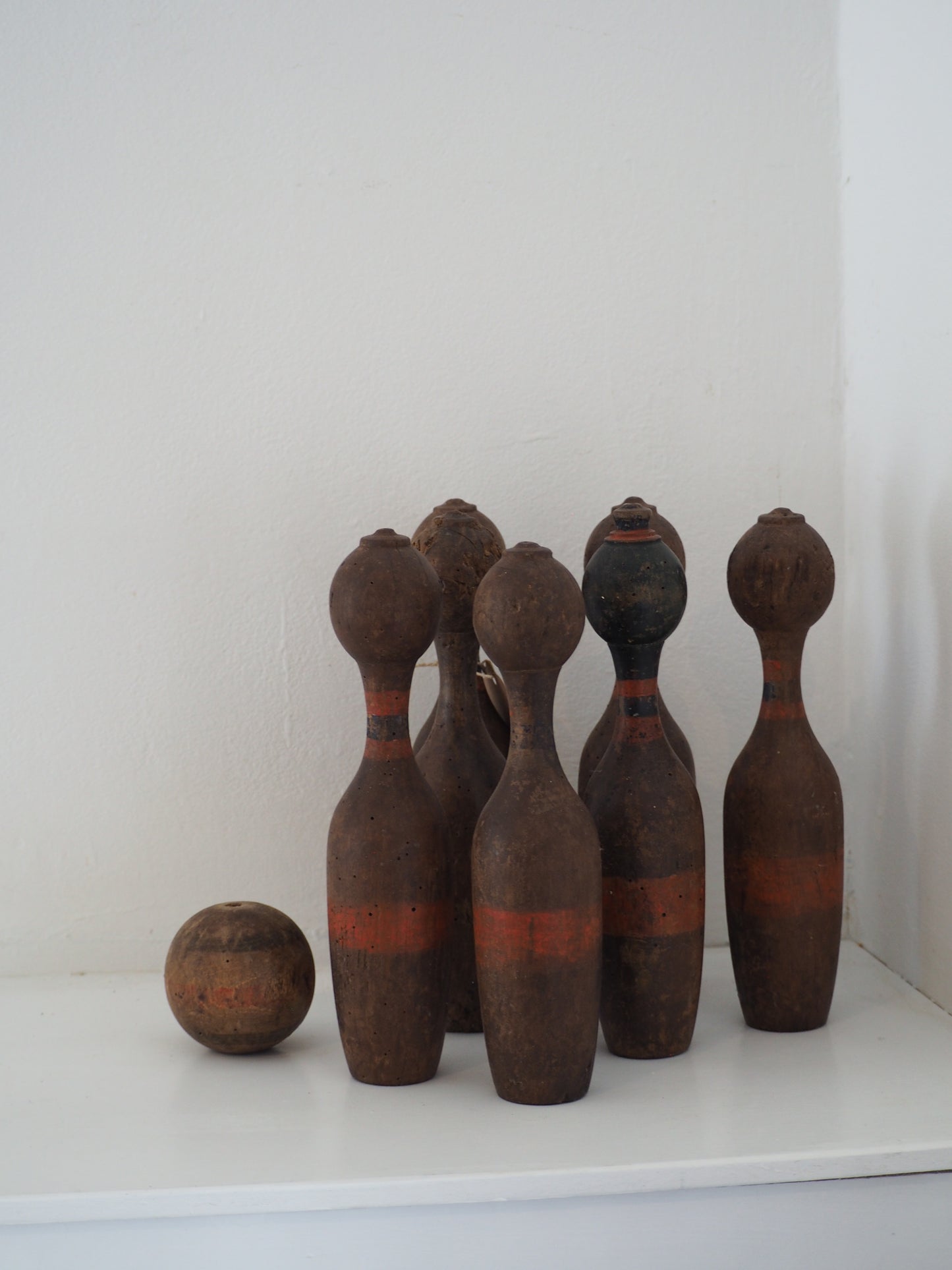 Vintage Antique French Set of Painted Wooden Skittles / French Bowling Game With Seven Pins
