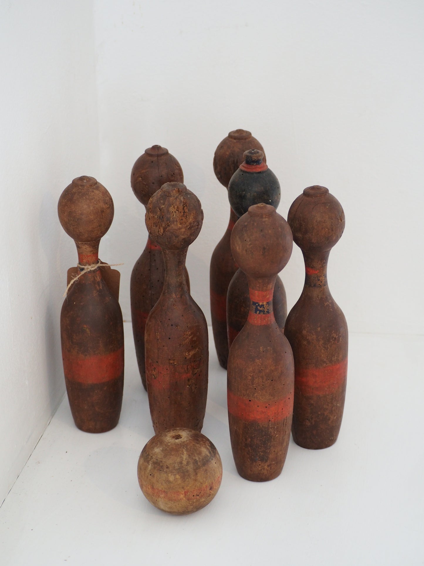 Vintage Antique French Set of Painted Wooden Skittles / French Bowling Game With Seven Pins