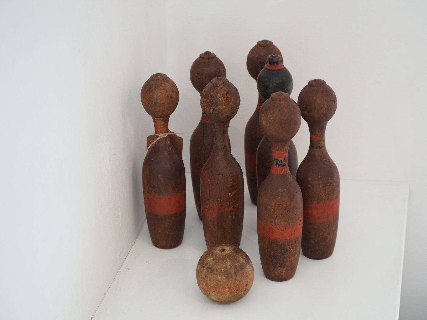 Vintage Antique French Set of Painted Wooden Skittles / French Bowling Game With Seven Pins
